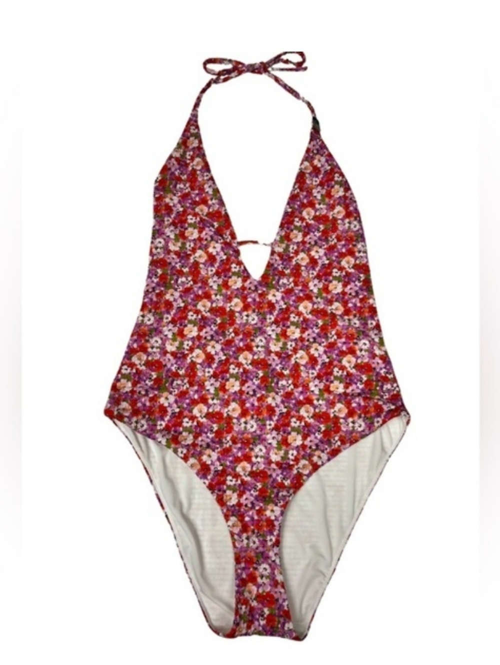 NWT Etam Plunging Halter Back High Cut Thigh Floral One Piece Bathing Suit XL